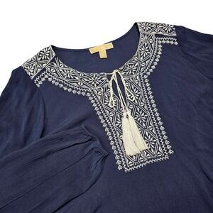 MICHAEL Michael Kors Blue Embroidered Tassel V Neck Long Sleeve Blouse Top M